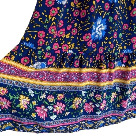 ZESICA Boho Dark Floral Tiered Peasant Maxi Skirt Cornflower Print Navy Pink M - Picture 4 of 14